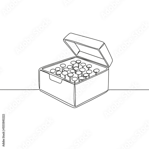 Push pin box isolated on white with push pins inside and open lid  