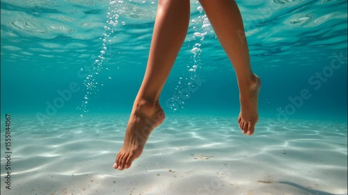 A woman's feet are in the water, and the water is blue