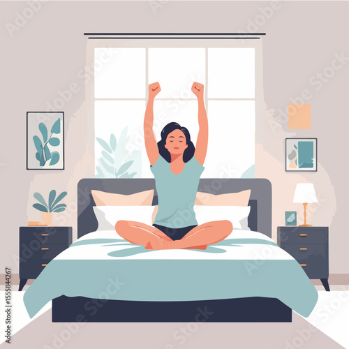 a flat vector of a woman sitting on bed and stretching her arms upward after waking up
