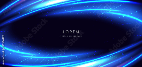 Futuristic blue curved rays glowing on black background with lighting effect and sparkle.