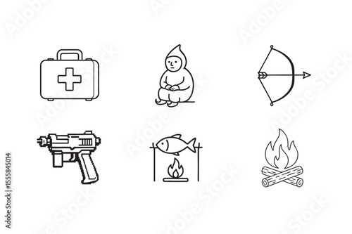 Survival Kit A Collection of Essential Items for a Hypothetical Wilderness Adventure Scenario in Line Art