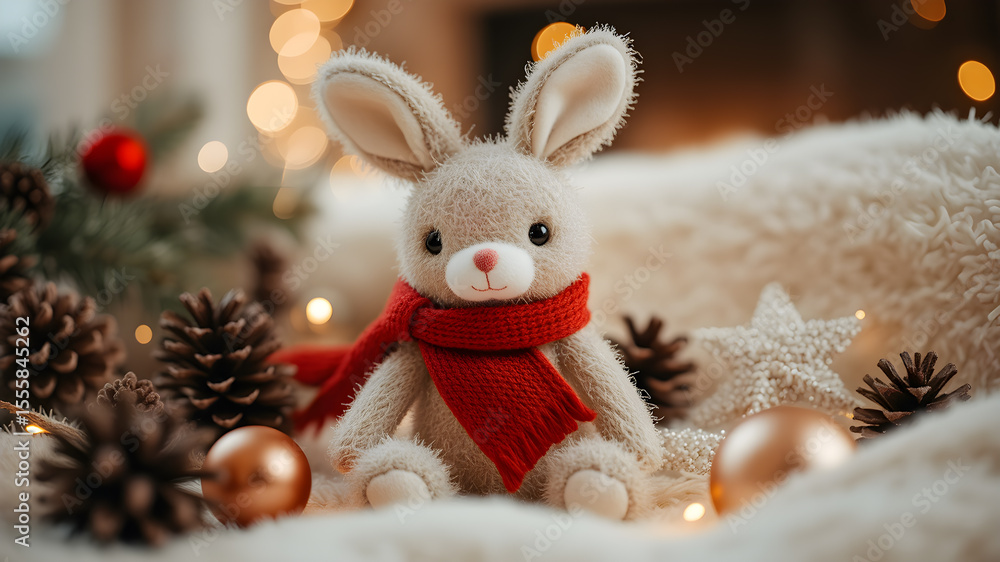 Obraz premium Cute plush bunny in red scarf resting beside pinecones and snow, framed by warm lights in a soft holiday setting.