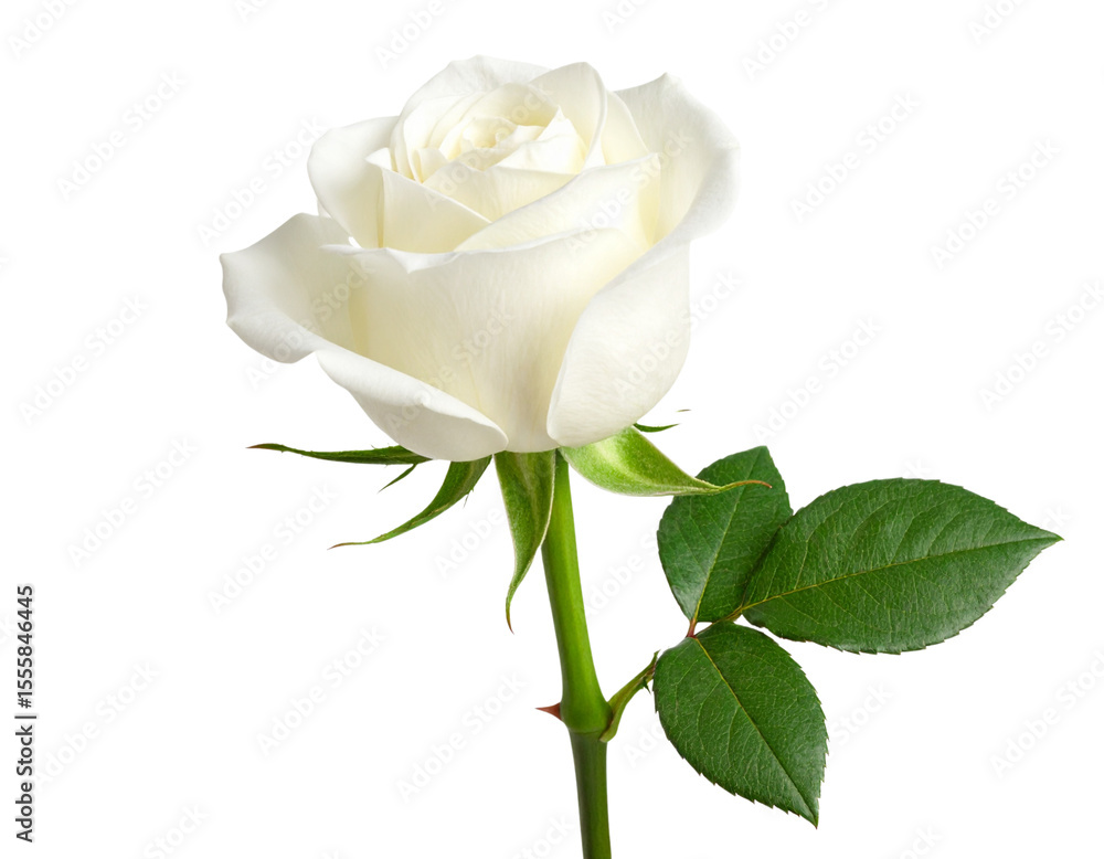 Obraz premium White Rose Bud Partially Open with Long Stem and Leaves, isolated on transparent background