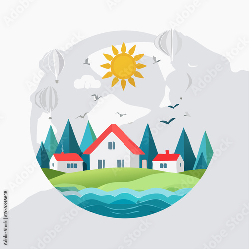 ector landscape of a coastal scene featuring seaside plants, a peaceful rural village, birds flying in the sky, the sun shining brightly, and thick white clouds