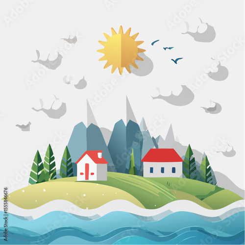 ector landscape of a coastal scene featuring seaside plants, a peaceful rural village, birds flying in the sky, the sun shining brightly, and thick white clouds