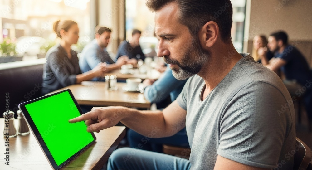 Bearded man interacting with a green screen tablet in a bright restaurant setting surrounded by Bearded man interacting with a green screen tablet in a bright restaurant setting surrounded by