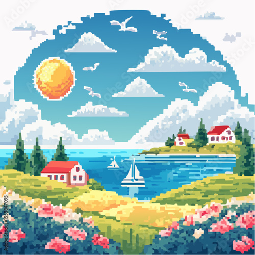 ector landscape of a coastal scene featuring seaside plants, a peaceful rural village, birds flying in the sky, the sun shining brightly, and thick white clouds