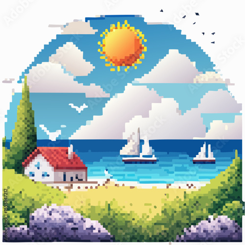 ector landscape of a coastal scene featuring seaside plants, a peaceful rural village, birds flying in the sky, the sun shining brightly, and thick white clouds
