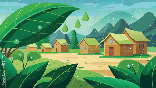 Vibrant morning dew drops glistening on fresh green leaves with a cluster of small earthy mud elements in the background