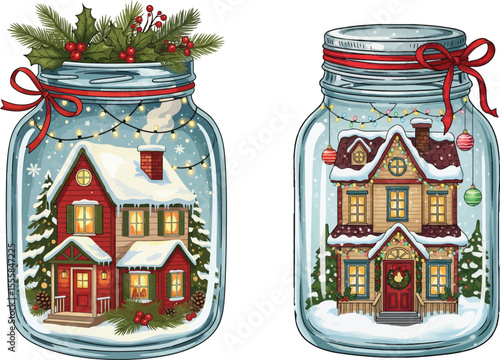 Festive Winter Village Scenes in Glass Jars - Holiday Illustration Set