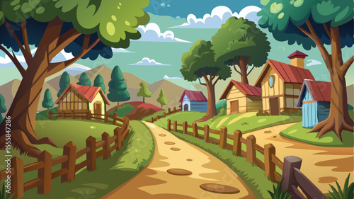 Charming rural village scene with a winding dirt path bordered by rustic wooden fences under a clear sky