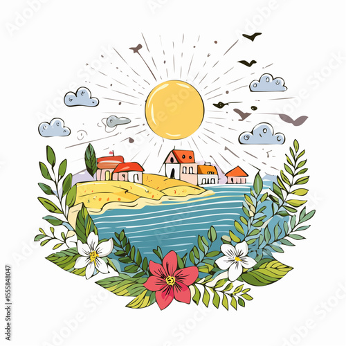 Flat vector illustration of a tropical beachside with lush coastal vegetation, distant countryside houses, birds in flight, radiant sun, and dramatic cloud formations
