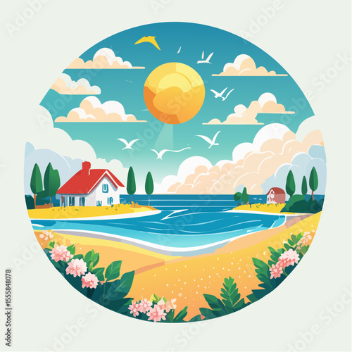 ector landscape of a coastal scene featuring seaside plants, a peaceful rural village, birds flying in the sky, the sun shining brightly, and thick white clouds