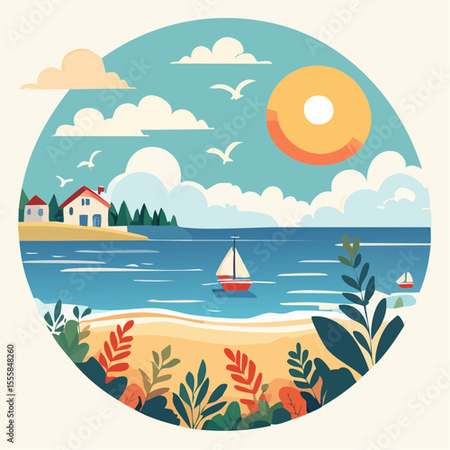 Flat vector illustration of a tropical beachside with lush coastal vegetation, distant countryside houses, birds in flight, radiant sun, and dramatic cloud formations