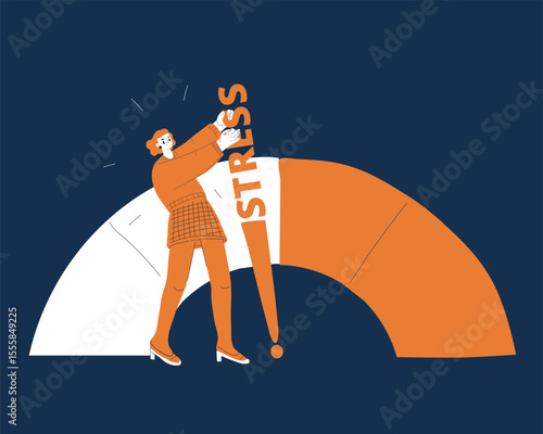 Cartoon vector illustration of a woman adjusting a stress meter, symbolizing managing pressure, self-awareness, and mental health balance against dark background