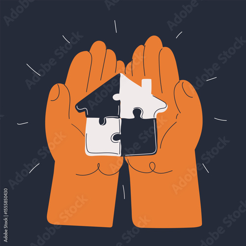 Cartoon vector illustration of hands assembling a house puzzle, symbolizing teamwork, unity, and building a strong foundation against dark background