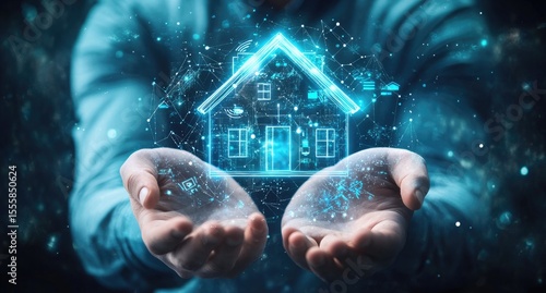 Holographic house image held in cupped hands