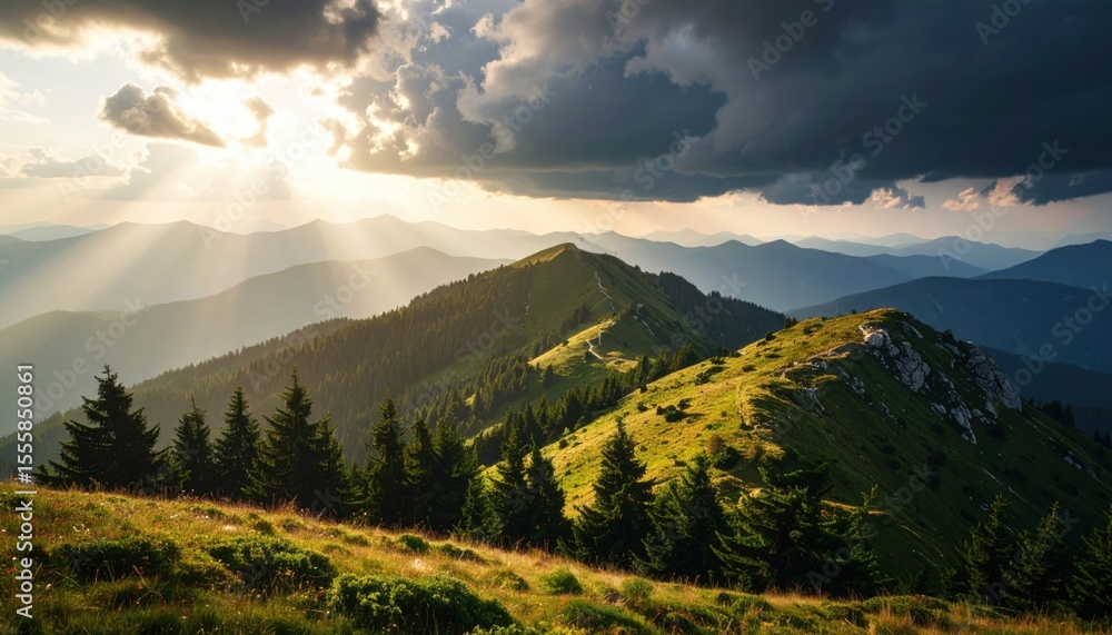 Fototapeta premium Breathtaking view of mountains under dramatic clouds, with sunlight breaking through, highlighting lush greenery.