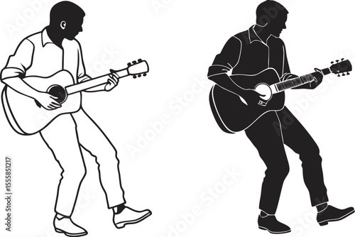 Silhouette Set Man with Guitar in Various Poses Music and Performance Art