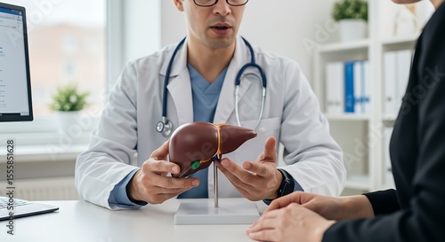 Doctor explains liver anatomy to a patient during a medical consultation.