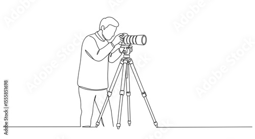 Man adjusting lens on tripod for photography in minimal outline style  