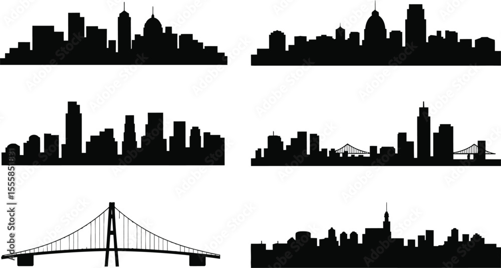 City skyline silhouettes collection set urban landscapes and cityscapes City skyline silhouettes collection set urban landscapes and cityscapes