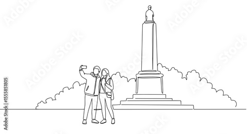 Couple taking selfies by monument in a park illustrating joy  