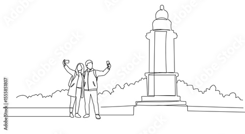 Couple taking selfies by monument in line art style outdoors  