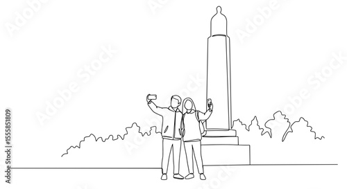Couple taking selfies by monument in park during daytime  