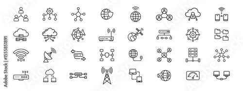 Line Icons Set of Network Connection, Cloud Computing, Data Transfer, Internet Technology, sharing, data exchange, wireless signal, router, satellite, cloud computing, network topology, file transfer