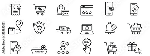 E-commerce and online shopping icon set, Delivery, Digital Purchase, shopping carts, buy buttons, mobile checkout, delivery, payment systems, secure transactions, loyalty ratings, discount tags