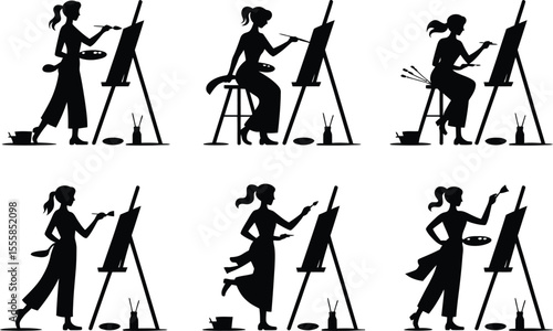 Silhouetted female artist painting on easel diverse poses and styles set