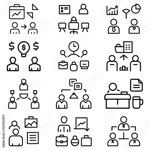 Illustration of business and management icons showing teamwork, meetings and organizational structures and finance
