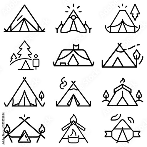 Collection of camping tent icons in various designs showcasing outdoor adventure and recreational activities