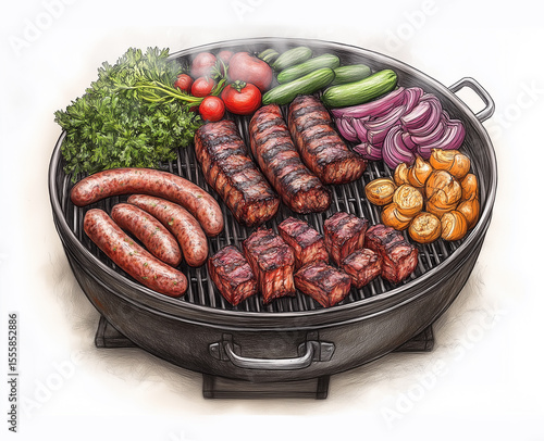 Grilled food meat sausages potatoes vegetables greens. Hand draw sketch illustration isolated on white background
