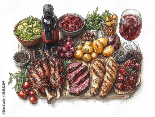 BBQ food tray chicken legs pork steaks meat potatoes tomato salad sauce wine. Hand draw sketch illustration isolated on white background