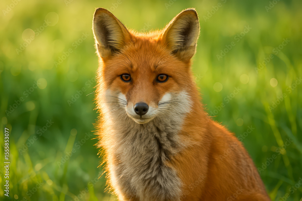 Fototapeta premium Close-Up Portrait of Red Fox in Sunlit Grass