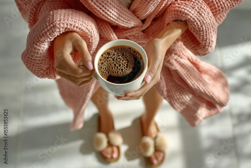 Woman holding a white mug of coffee banner