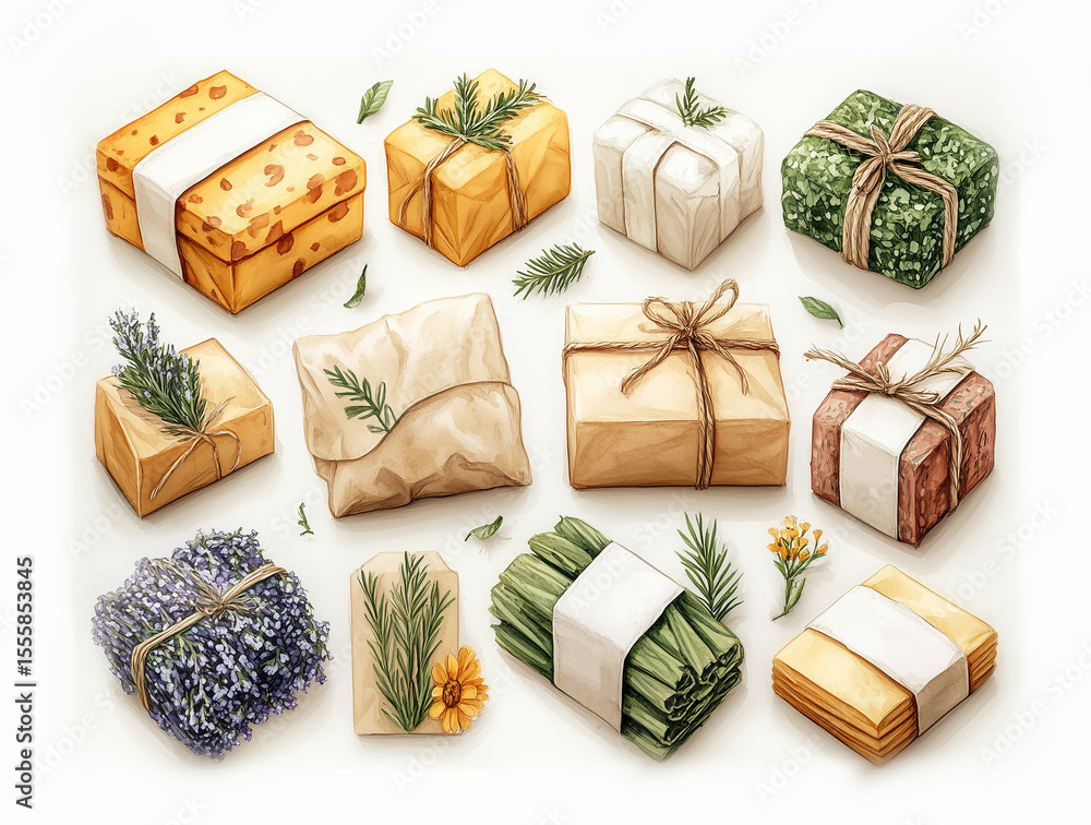Fototapeta premium Set of eco paper packaging for spices and herbs. Watercolor style illustration isolated on white background