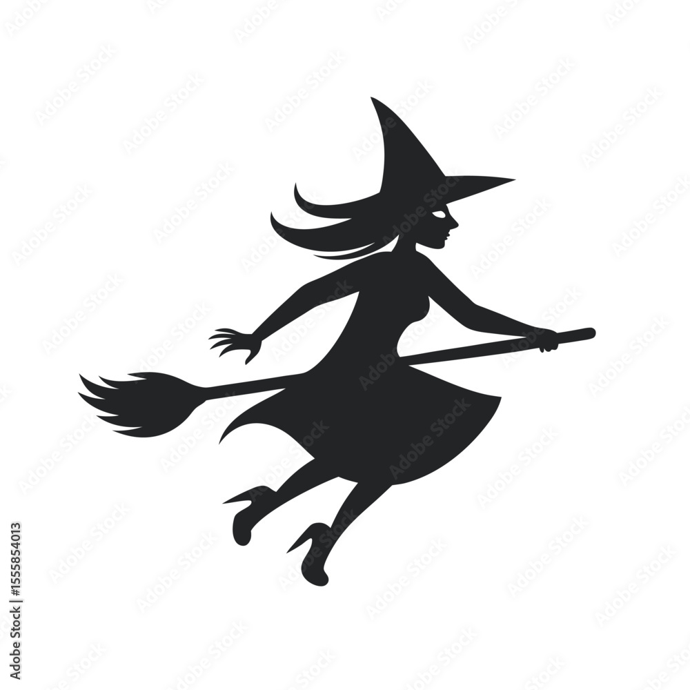 Fototapeta premium Witch On Broomstick Solid Silhouette