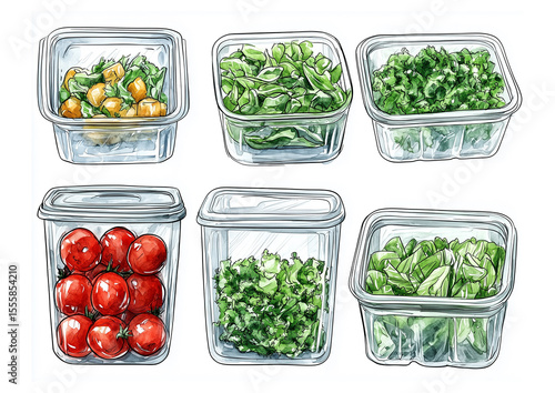 Set of trays for storing food in the refrigerator or lunch boxes with vegetables and salad. Watercolor style illustration isolated on white background