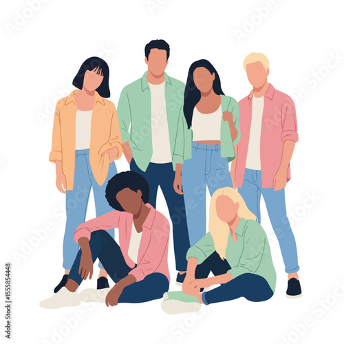 Vector flat design of a group of young adults in casual modern clothing. White background