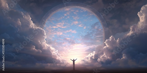 Man standing in front of heaven gate in the sky background wallpaper with copy space. Christian religious backdrop