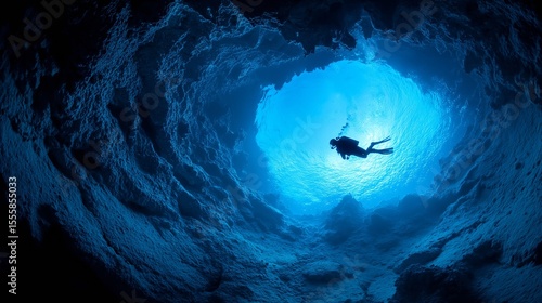 Scuba diving, underwater diver swimming inside Great Blue Hole sinkhole with oxygen tanks and gear. Belize, recreational tourism, copy space