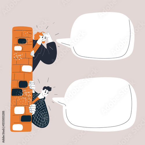 Cartoon vector illustration of two people spying from both sides of a wall with empty speech bubble as concept of secrecy and curiosity