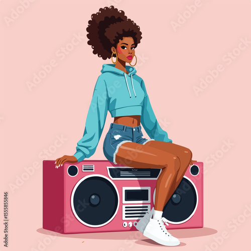 Music girl with pink Speaker vector template design  