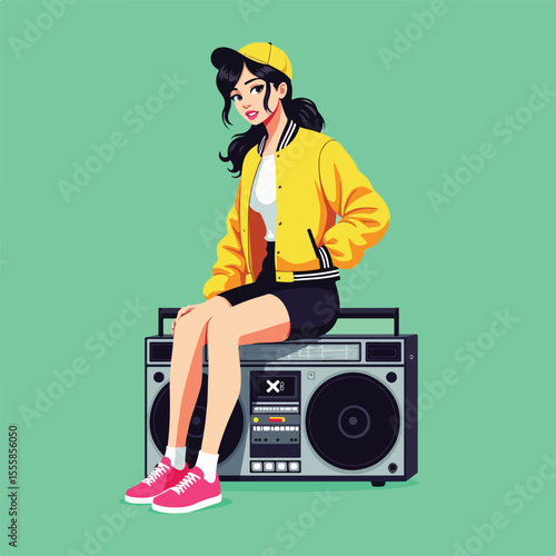 hip hop boombox female flat vector illustration 