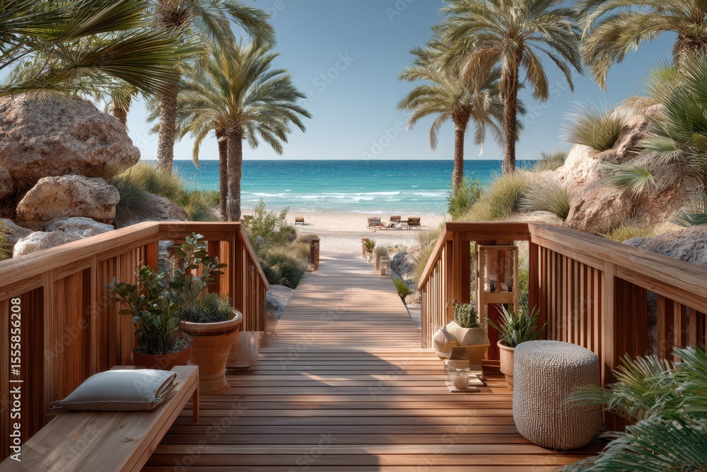 Fototapeta premium Wooden boardwalk on the beach banner
