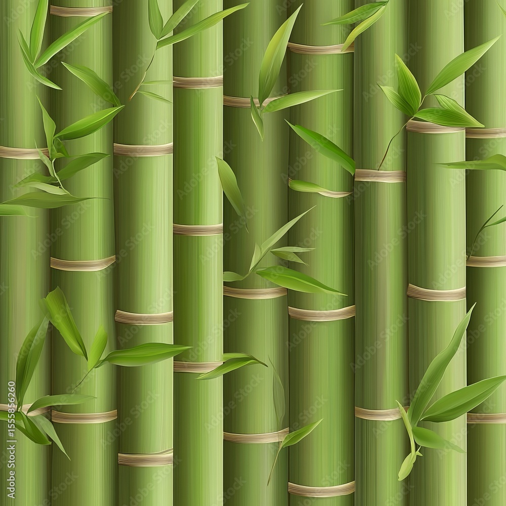 Obraz premium Bamboo Forest: A visually appealing wallpaper showcasing lush green bamboo stalks with fresh leaves.