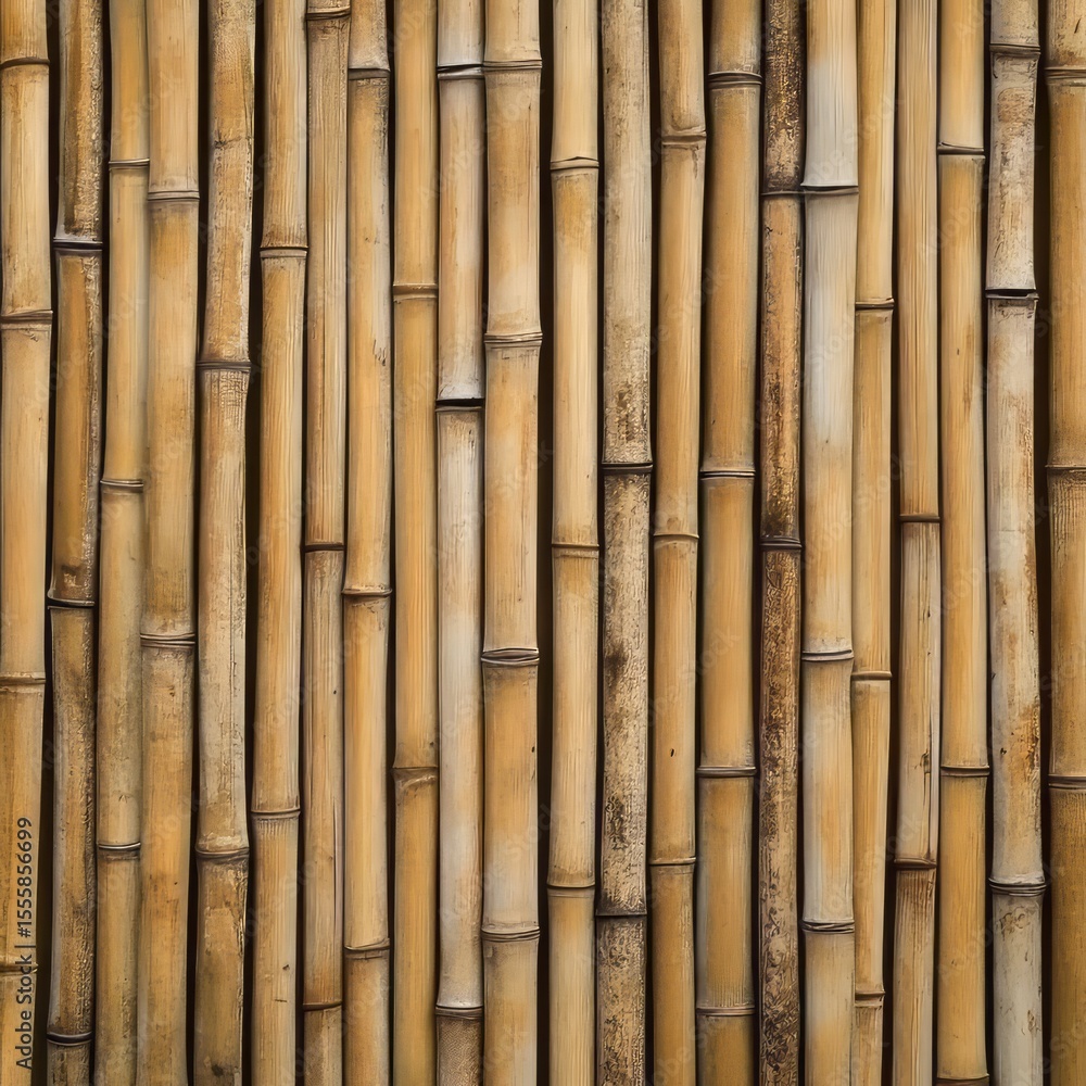 Fototapeta premium Bamboo Wall: A close-up, top-down perspective of a bamboo wall, the photo features a natural bamboo texture that adds warmth and visual interest.